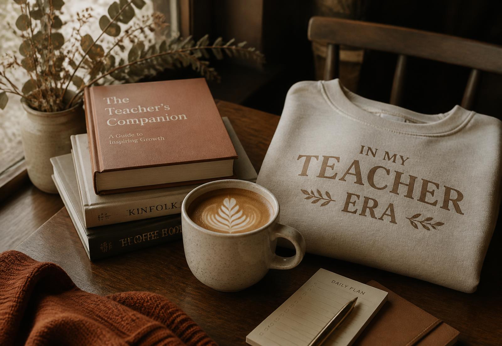 Cream teacher sweatshirt, latte, and stacked books on a warm wood table